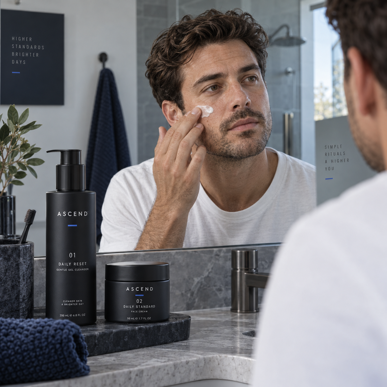 Illustrative scene of a man applying face cream during his morning routine